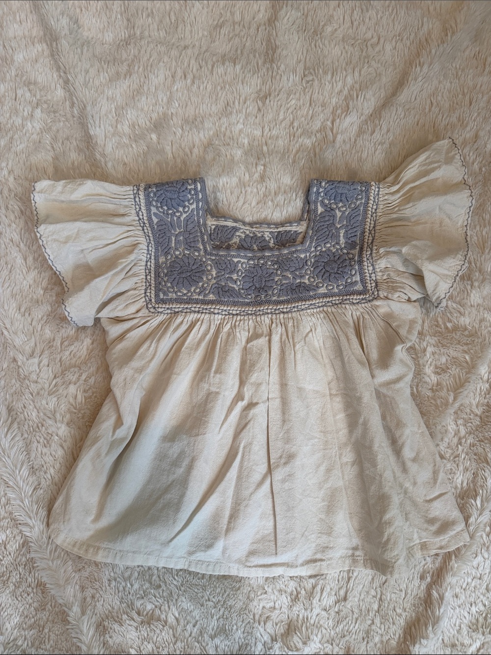 Boho Embroidered Square-Neck Girl’s Top in Cream and Gray/Purple